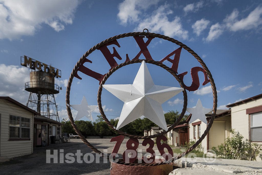 Fort Worth, TX Photo - Gate Sign recalling The birthdate of Texas Outside an Old Motel in a Weathered Neighborhood of Fort Worth, Texas