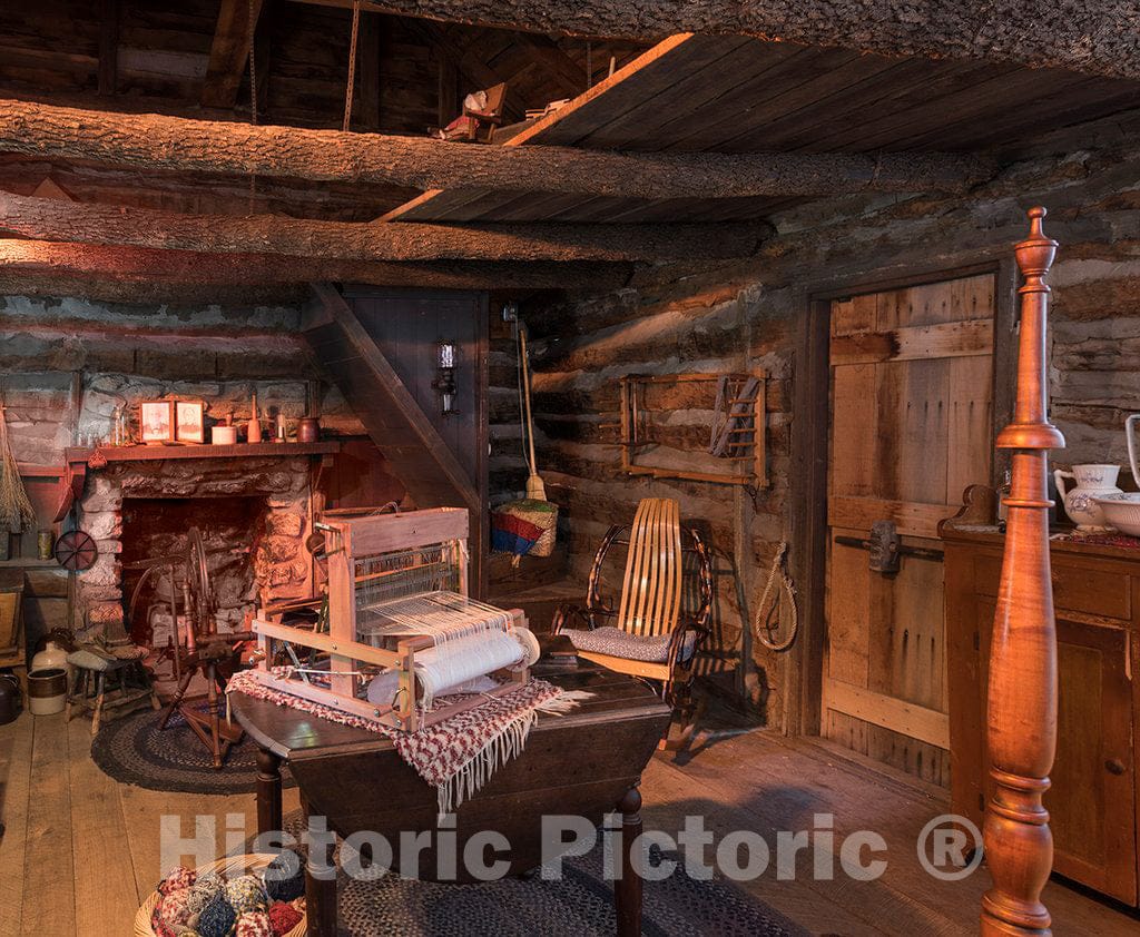 Photo - View inside the Pickard Cabin at Log Cabin Village, a living-history museum complex in Fort Worth, Texas, owned and operated by the City of Fort Worth