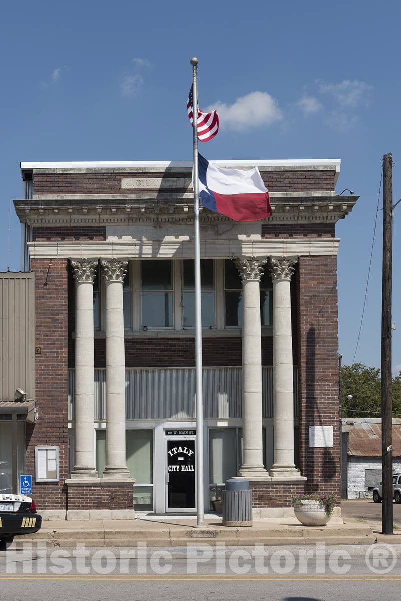 Photograph- City hall in Italy, Texas. Gabriel J. Penn, postmaster in Waxahachie, 15 miles away, named the town in 1880 because, he said, its climate was much like that found in"sunny Italy"