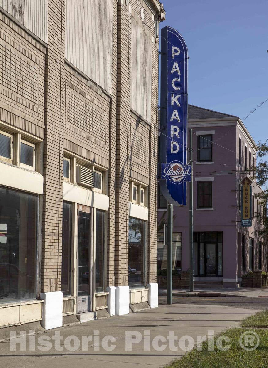 Photo - A Classic neon Packard Advertising Sign Hangs on The Corner of America's Packard Museum- Fine Art Photo Reporduction