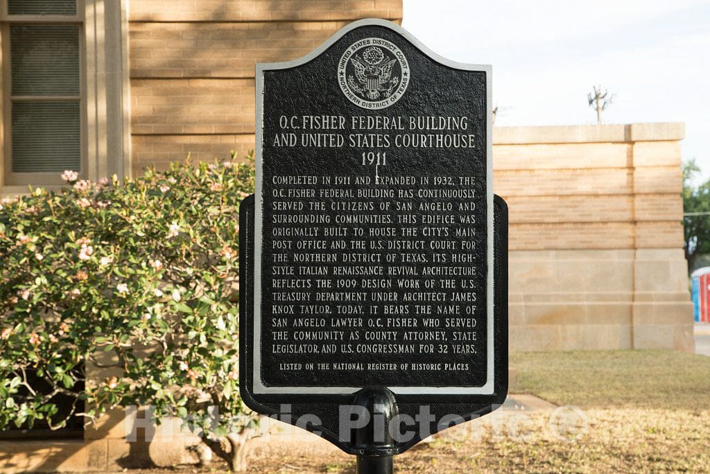 Photo - Outdoor Signage. The O.C. Fisher Federal Building and U.S. Courthouse, San Angelo, Texas- Fine Art Photo Reporduction