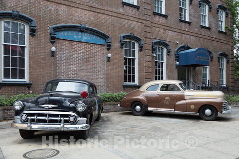 Photo - Vintage Patrol Cars Outside The 1870 Building That Serves as The Savannah, Georgia,Police Barracks, as it is Known- Fine Art Photo Reporduction