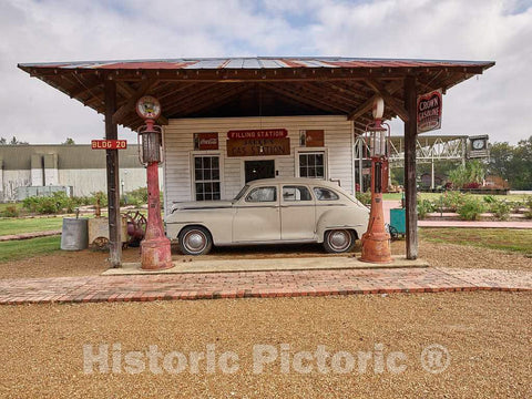 Photo - Vintage Dodge automobile at an old-style Crown Gasoline and service station at the Mississippi Agriculture and Forestry Museum- Fine Art Photo Reporduction