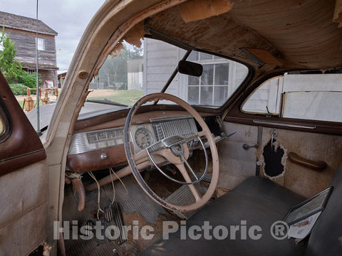 Photo - A peek inside a vintage Dodge automobile at an old-style Crown Gasoline and service station at the Mississippi Agriculture and Forestry Museum- Fine Art Photo Reporduction
