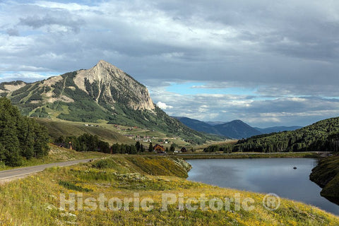 Photo - View of Meridian Lake and Mount Crested Butte above the Colorado city of Crested Butte on the high, dirt Washington Gulch Road in Gunnison County, Colorado
