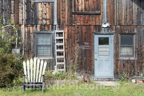 Photo - Deck chair whose back is made of skis outside an old gristmill in Cambridge, Vermont- Fine Art Photo Reporduction