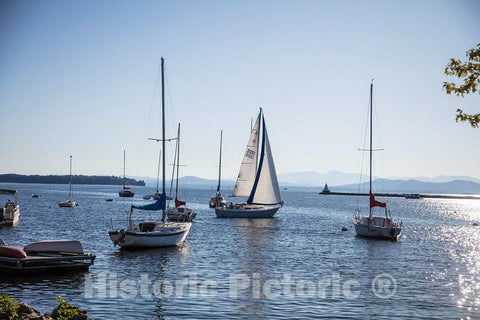 Photo - Boats moored in Lake Champlain, Below Downtown Burlington, Vermont- Fine Art Photo Reporduction