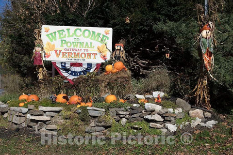 Photo - Pumpkins and a Friendly Scarecrow add a Fall Touch to The Simple Welcome Sign Outside Pawnal, a Tiny Vermont Town Near The Massachusetts borderVermont
