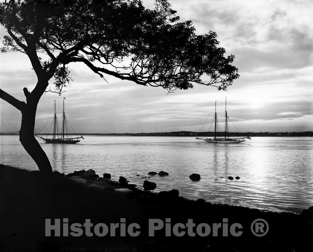 Historic Black & White Photo - Long Island, New York - Sunset from Manhansett Hotel, Shelter Island, c1905 -