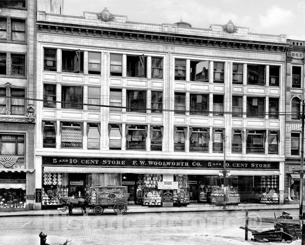 Kansas City Historic Black & White Photo, F.W. Woolworth Company, Main Street, c1900 -