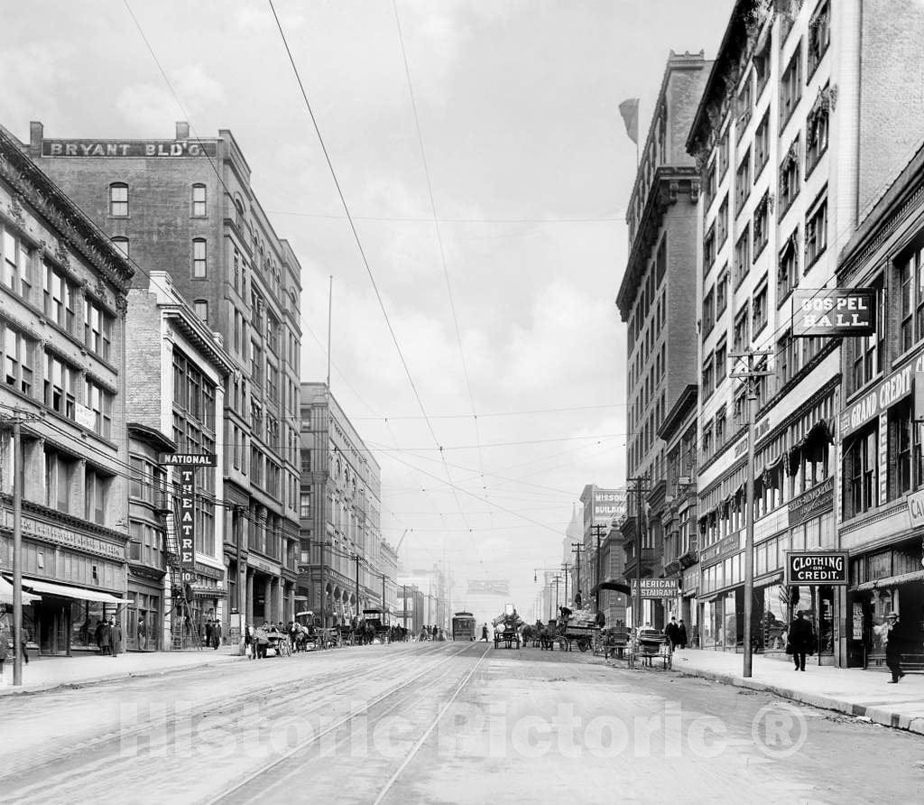 Historic Black & White Photo - Kansas City, Missouri - Looking Down Grand Avenue, c1905 -