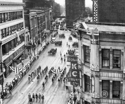 Historic Black & White Photo - Kansas City, Missouri - Troops Parade Down Main Street, c1930 -