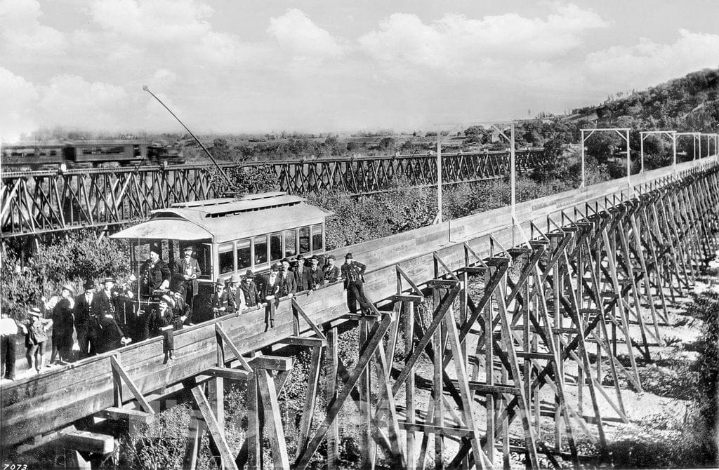 Los Angeles Historic Black & White Photo, The First Cable Car to Cross the Arroyo Seco, c1895 -