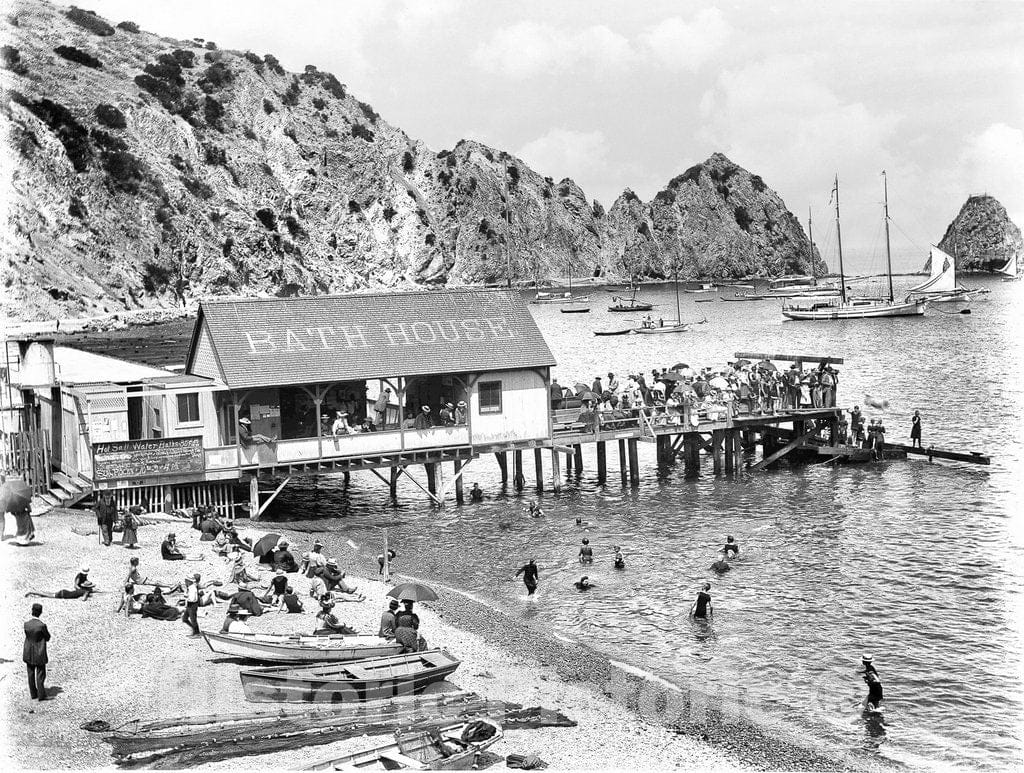 Los Angeles Historic Black & White Photo, Avalon Bath House on Santa Catalina Island, c1910 -