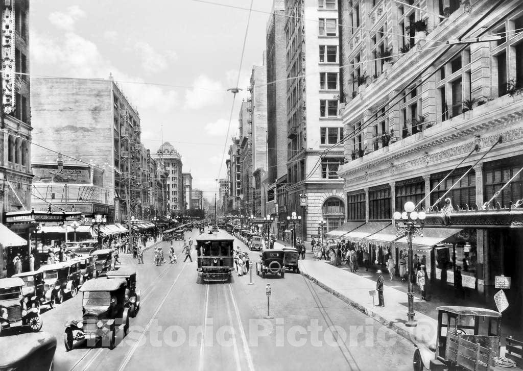 Historic Black & White Photo - Los Angeles, California - Automobiles Lining Hill Street, c1924 -