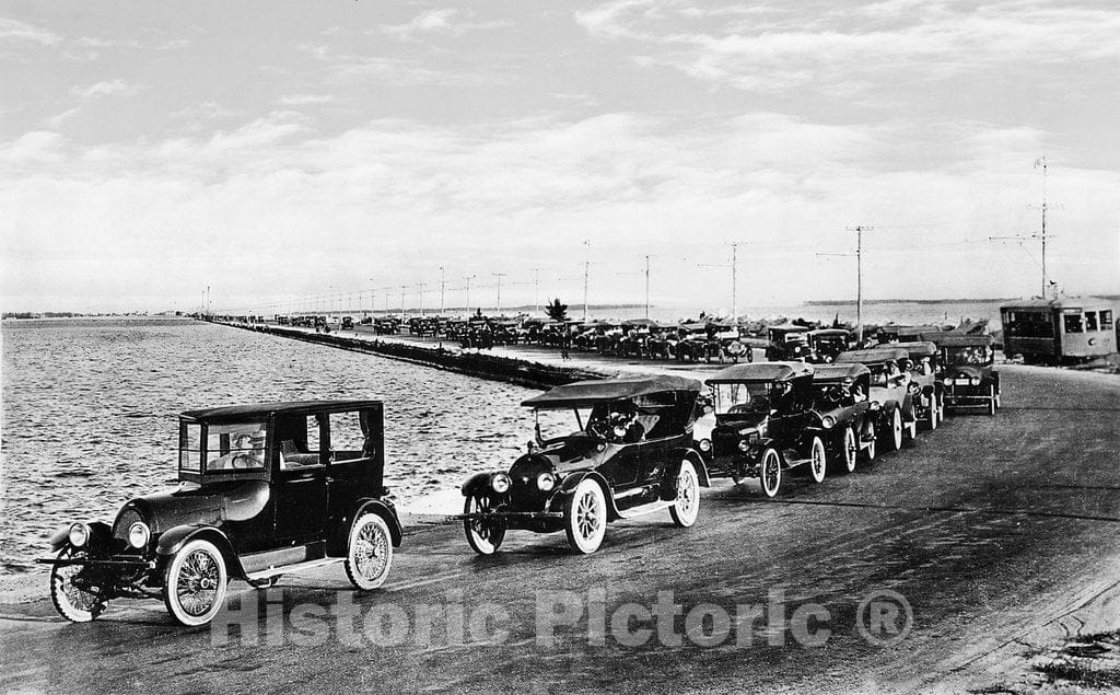 Miami Historic Black & White Photo, Traffic on the MacArthur Causeway, c1924 -