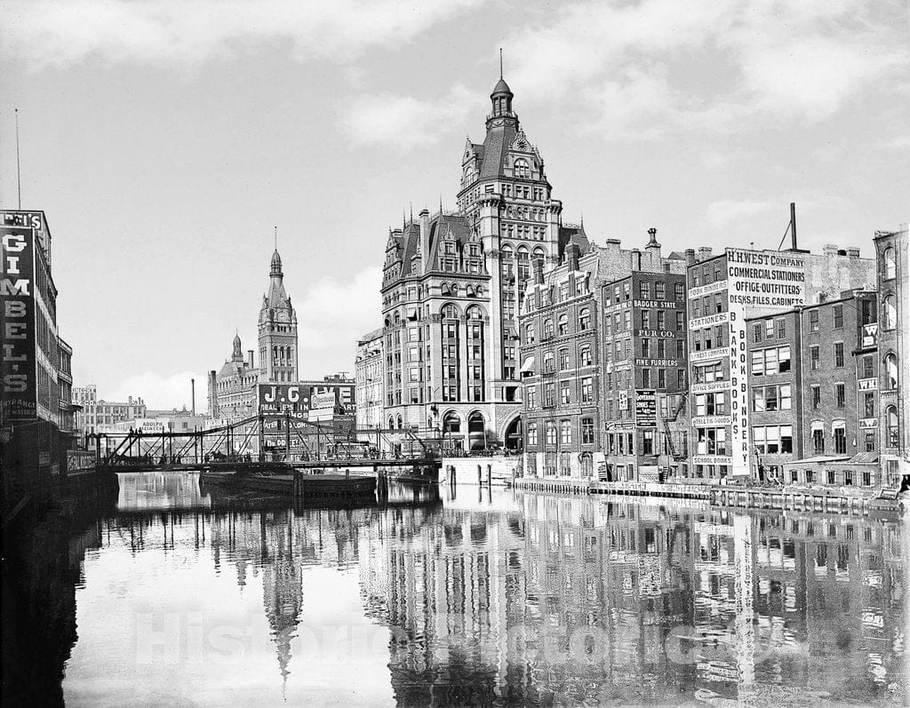 Milwaukee Historic Black & White Photo, Looking Upriver from the Michigan Street Bridge, c1901 -