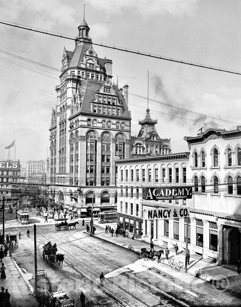 Milwaukee Historic Black & White Photo, Looking Up Wisconsin Street to the Pabst Building, c1900 -