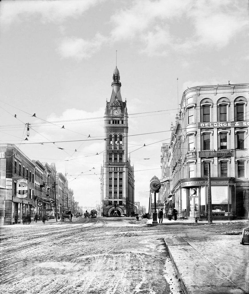 Milwaukee Historic Black & White Photo, Looking Up Water Street to City Hall, c1900 -