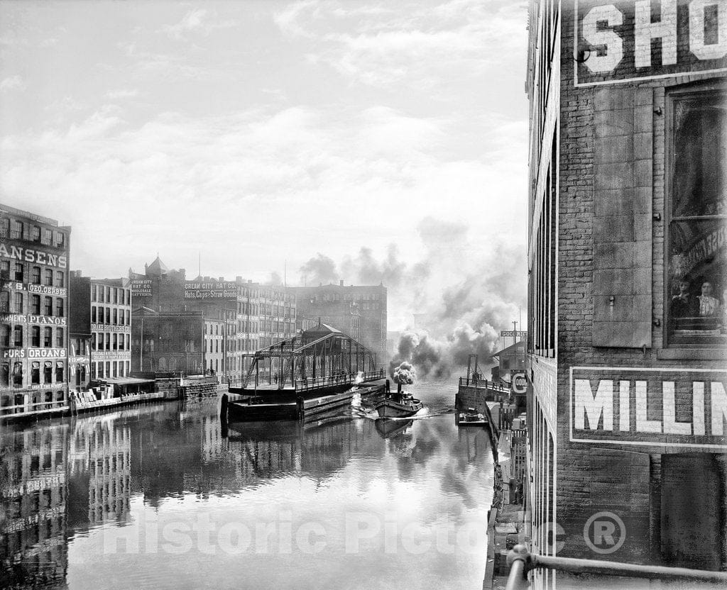 Milwaukee Historic Black & White Photo, A Swing Bridge on the Milwaukee River, c1895 -