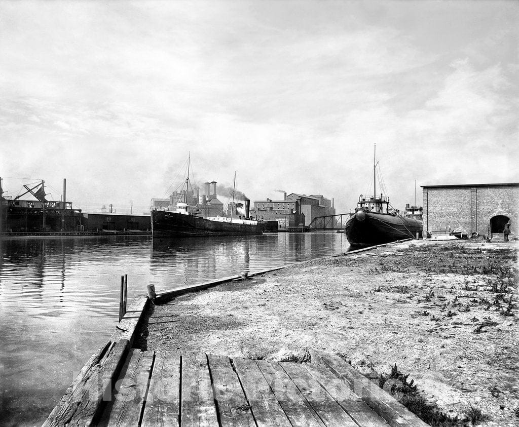 Milwaukee Historic Black & White Photo, A Steamer on the River, c1900 -