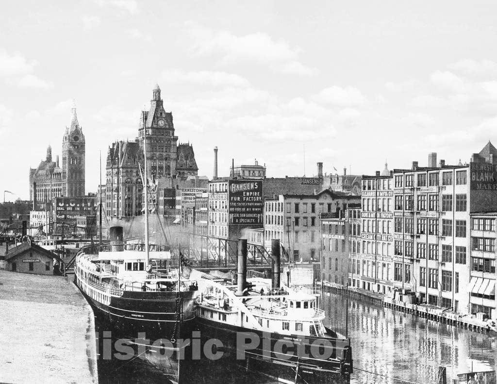 Historic Black & White Photo - Milwaukee, Wisconsin - Lake Steamers on the Milwaukee River, c1895 -