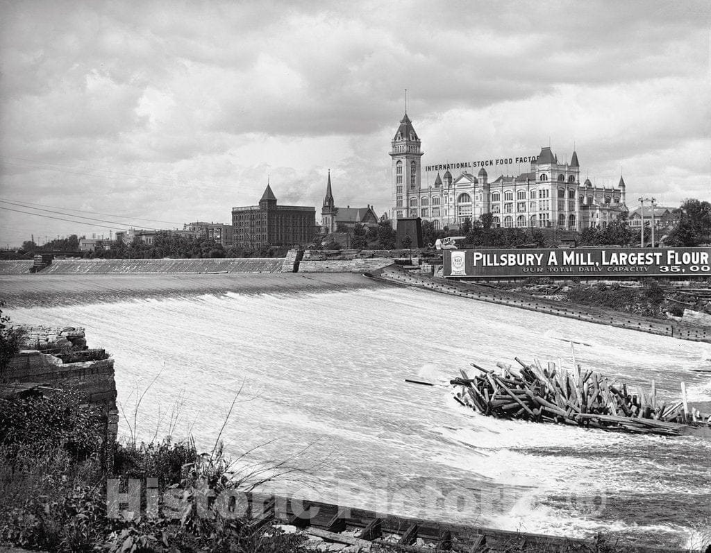 Minneapolis Historic Black & White Photo, A View Over St. Anthony's Falls, c1905 -