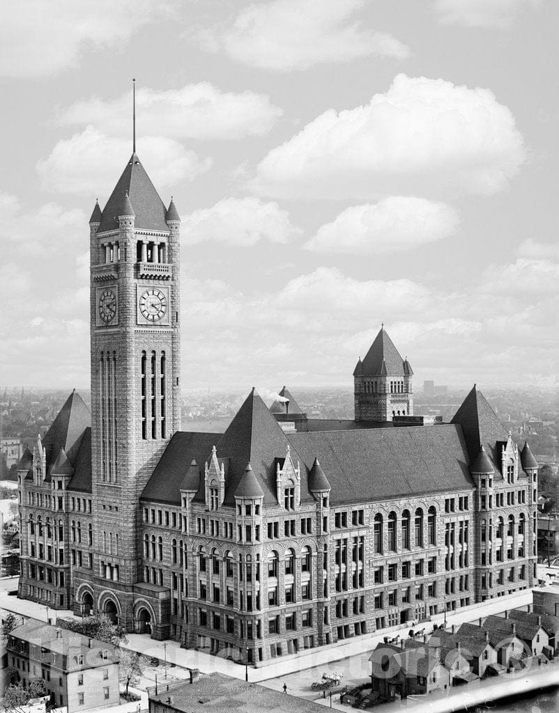 Minneapolis Historic Black & White Photo, City Hall from 3rd Ave and 4th Street, c1898 -