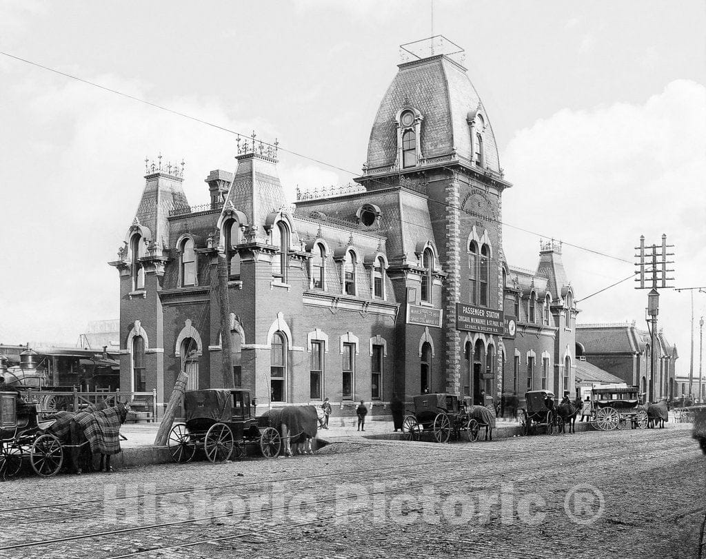 Minneapolis Historic Black & White Photo, Outside the C.M. & St. Paul Railway Depot, c1876 -