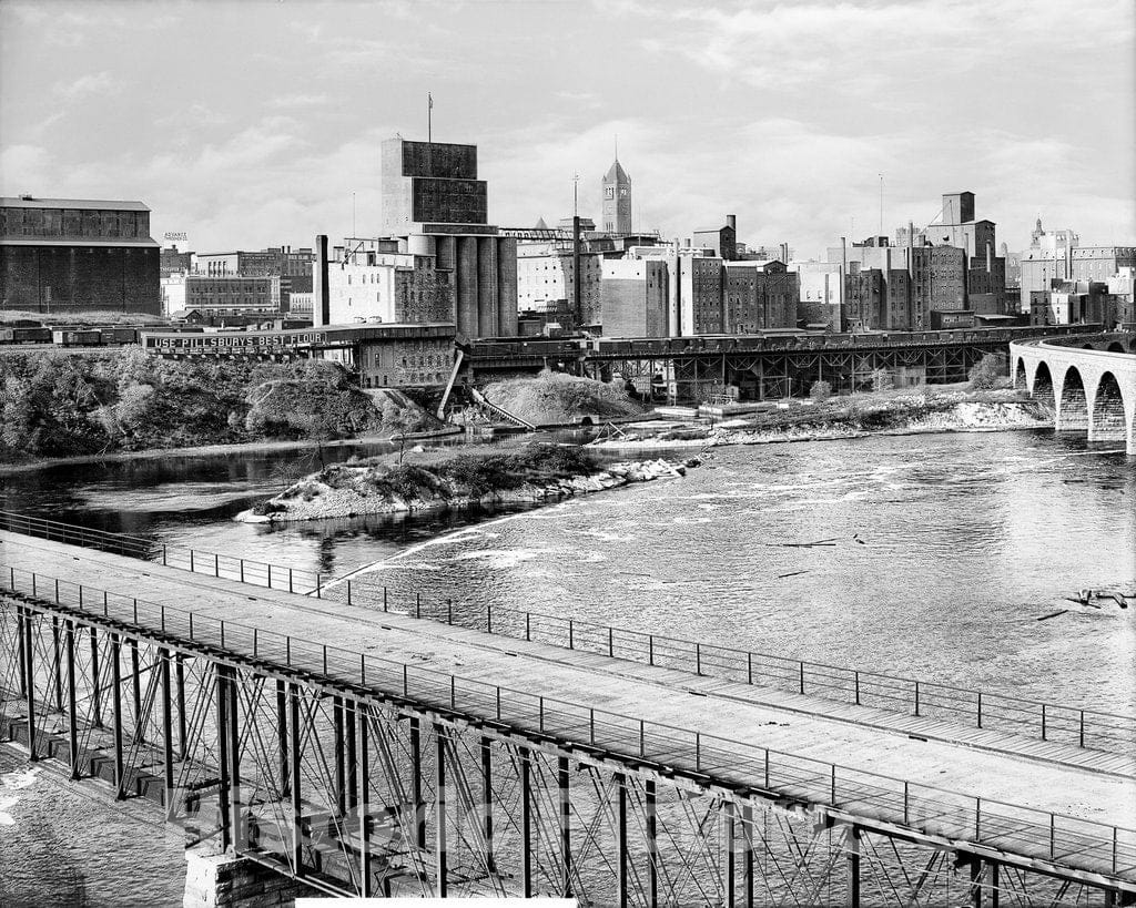 Minneapolis Historic Black & White Photo, View Over the Falls to the Milling District, c1908 -