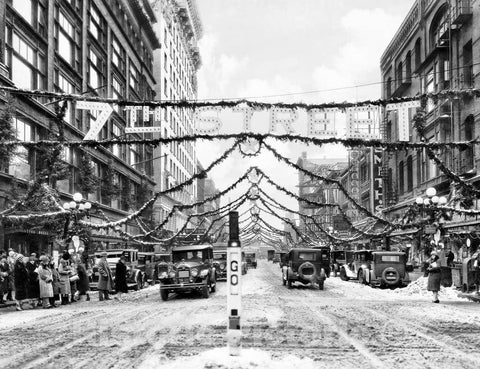 Historic Black & White Photo - Minneapolis, Minnesota - Christmas Time on Seventh Street, c1927 -