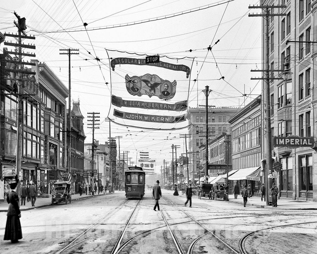 Historic Black & White Photo - Niagara Falls, New York - Falls Street, Downtown Niagara Falls, c1908 -