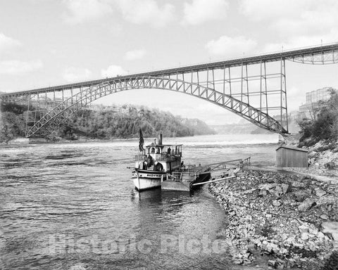 Historic Black & White Photo - Niagara Falls, New York - Maid of the Midst & Upper Steel Arch Bridge, c1905 -