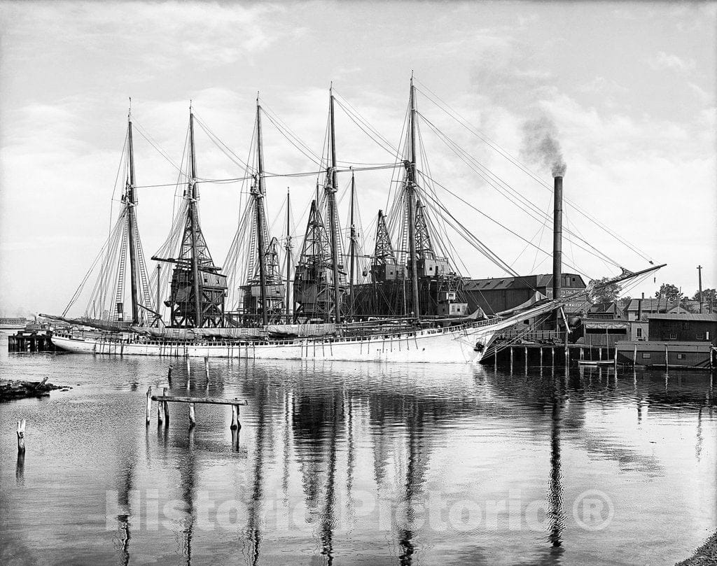 Historic Black & White Photo, Unloading Coal from a Schooner, Portsmouth, c1908 -