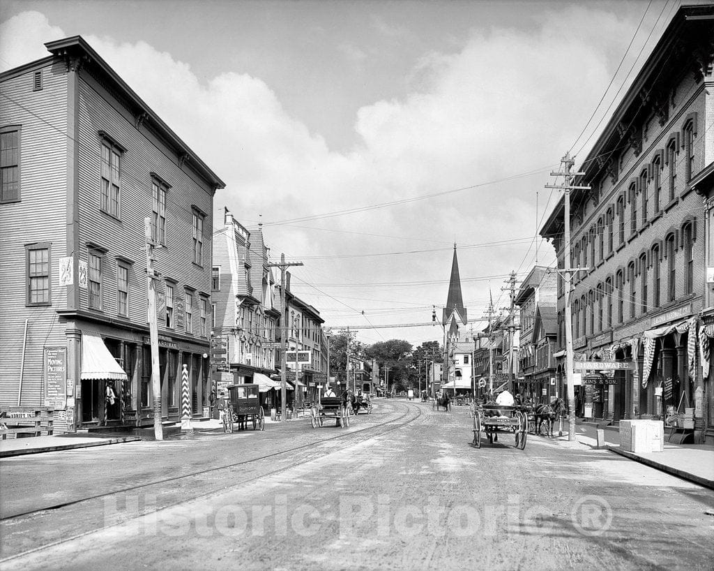 Historic Black & White Photo, Looking up Main Street, Laconia, c1904 -