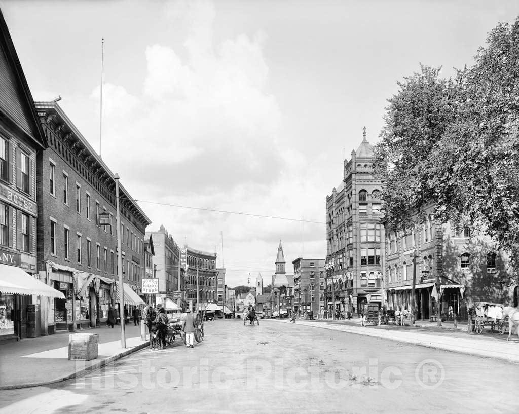 Historic Black & White Photo - Nashua, New Hampshire - Looking Down Main Street, Nashua, c1908 -