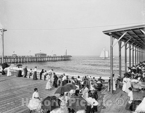 New Jersey Historic Black & White Photo, Boardwalk and Fishing Pier, Asbury Park, c1903 -