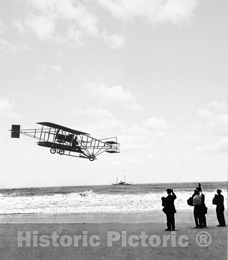 New Jersey Historic Black & White Photo, Early Curtis Aircraft Over the Beach, Atlantic City, c1911 -