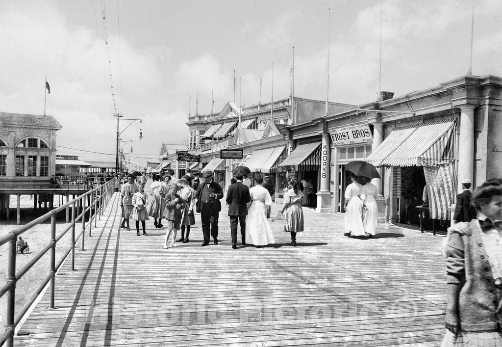 New Jersey Historic Black & White Photo, Strolling the Boardwalk, Ocean City, c1908 -