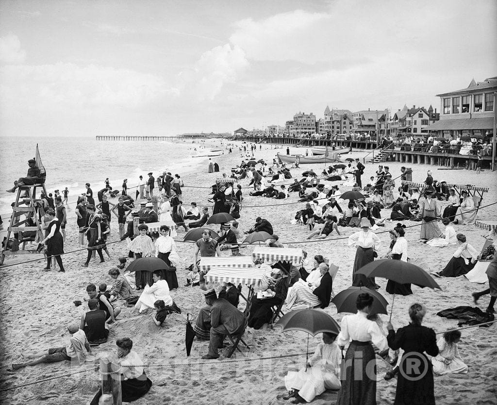 New Jersey Historic Black & White Photo, The Crowded Beach at Ross' Pavilion, Ocean Grove, c1905 -