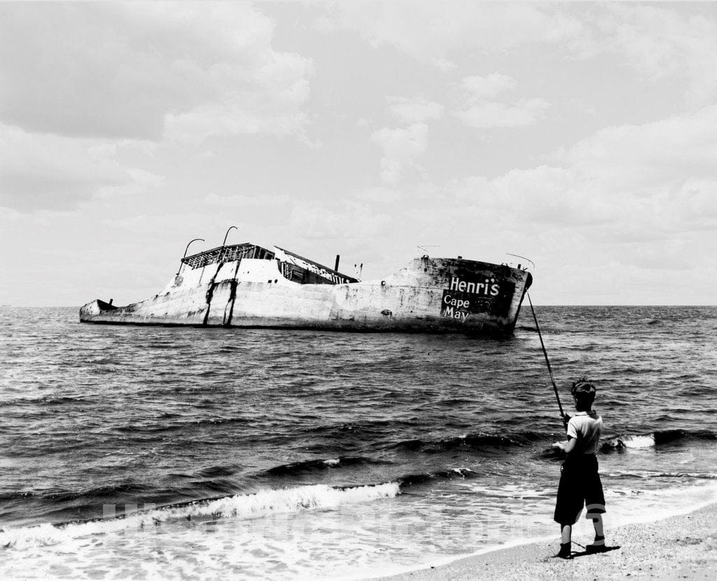 New Jersey Historic Black & White Photo, Surf Fishing on Sunset Beach, Cape May Point, c1940 -