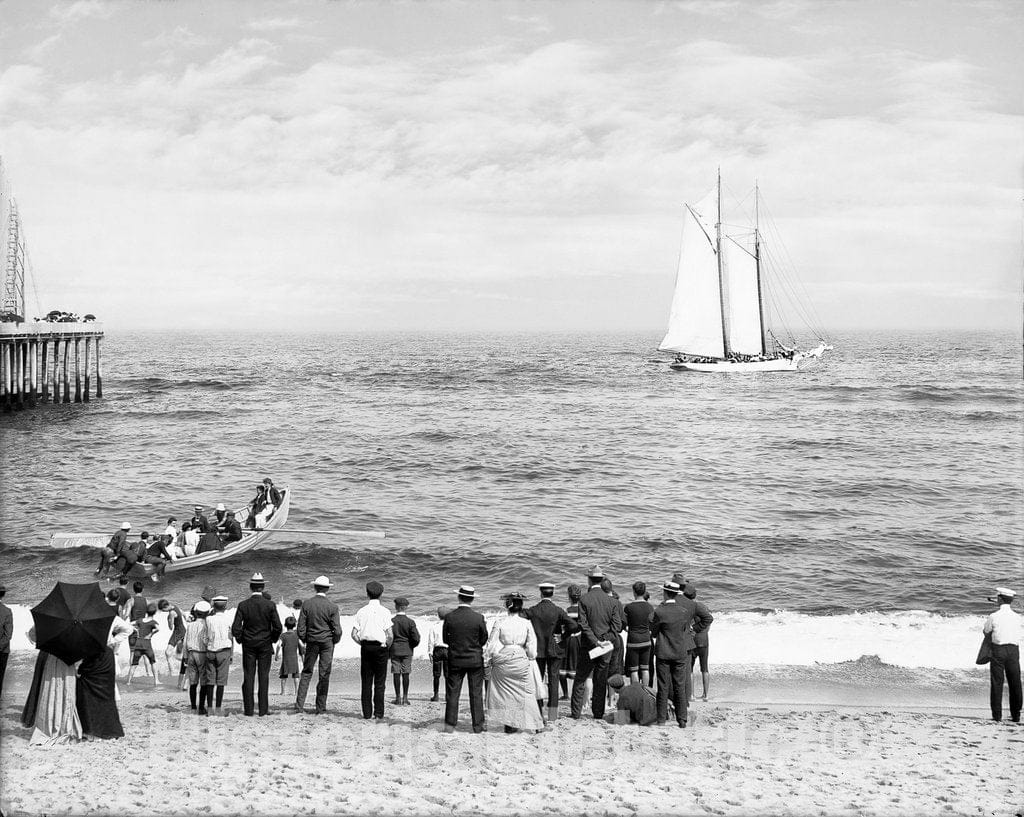 New Jersey Historic Black & White Photo, Launching from Shore to Board a Schooner, Asbury Park, c1903 -