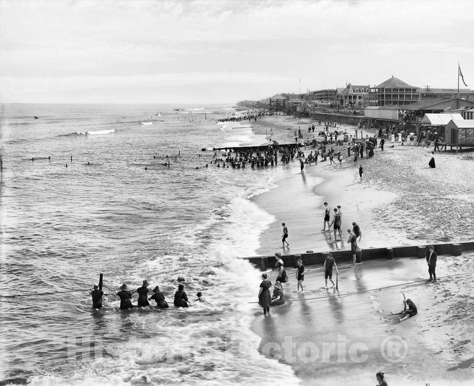 Historic Black & White Photo - Long Branch on the Jersey Shore - Bathers Along the Shore, Long Branch, c1900 -