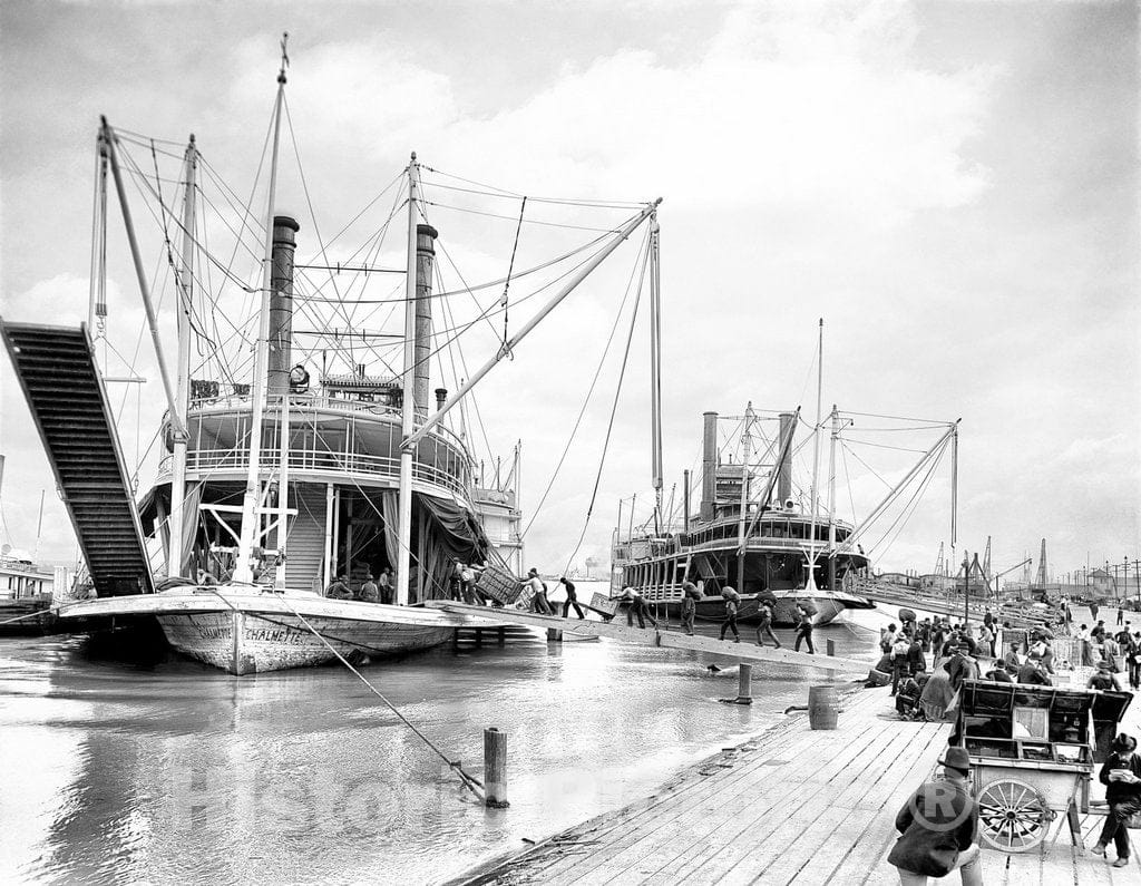 New Orleans Historic Black & White Photo, The Loading of a Steamer During High Water, c1903 -