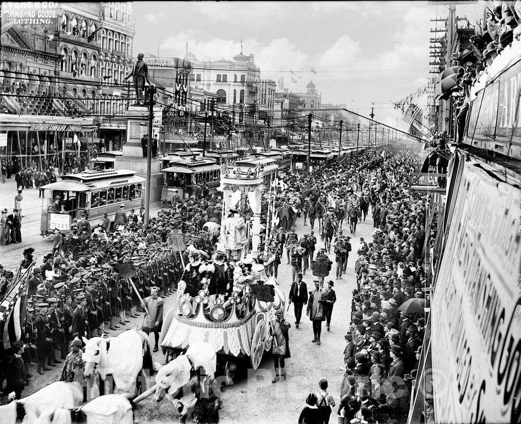 New Orleans Historic Black & White Photo, The Annual Mardi Gras Parade, Canal Street, c1900 -