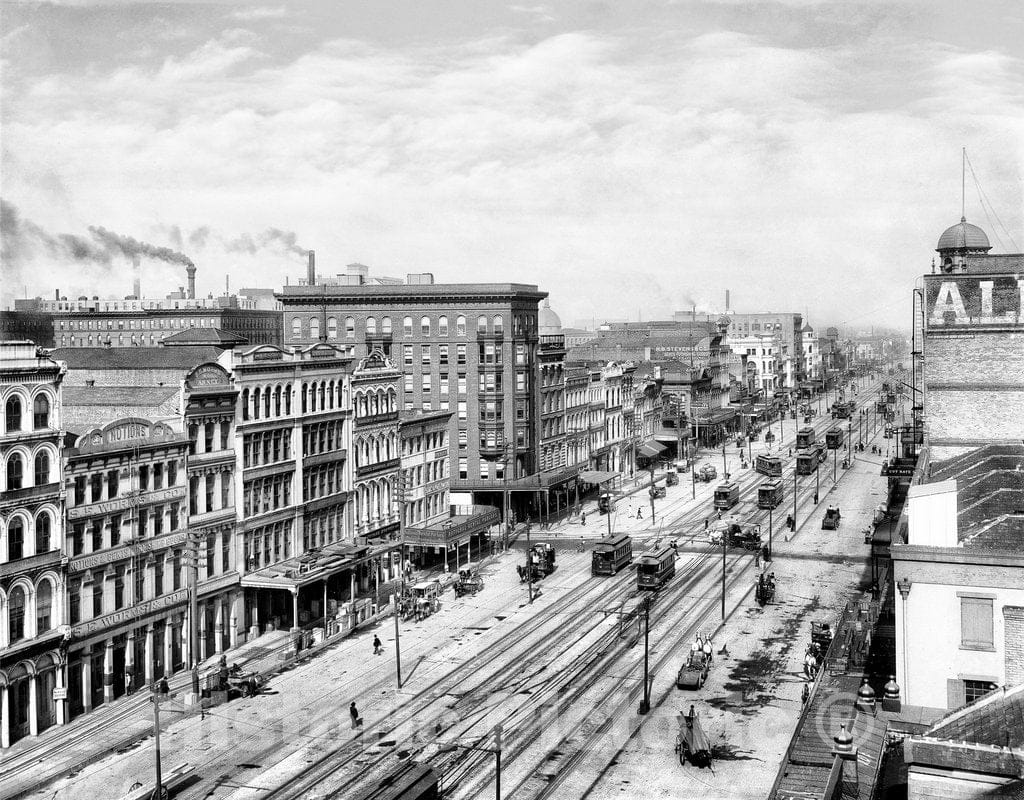 New Orleans Historic Black & White Photo, Canal Street from Above, c1903 -