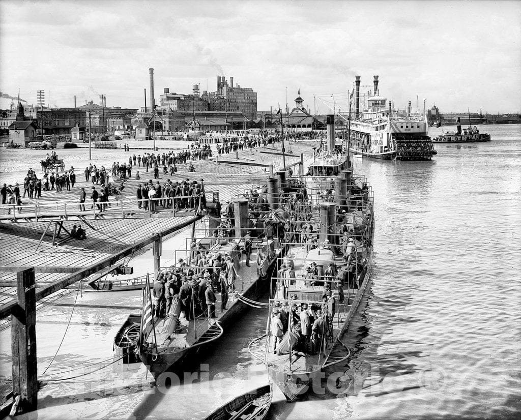 New Orleans Historic Black & White Photo, Crowds Visiting the Torpedo Boats, c1906 -