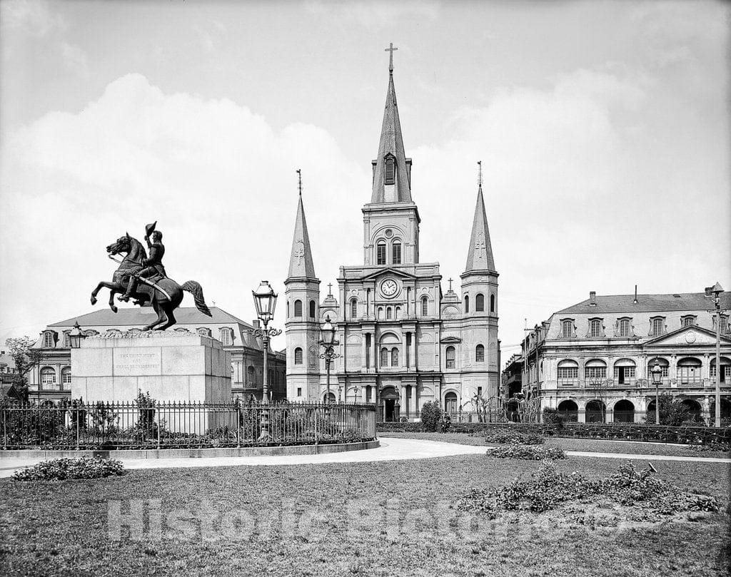 New Orleans Historic Black & White Photo, Jackson Square in front of St. Louis Cathedral, c1904 -