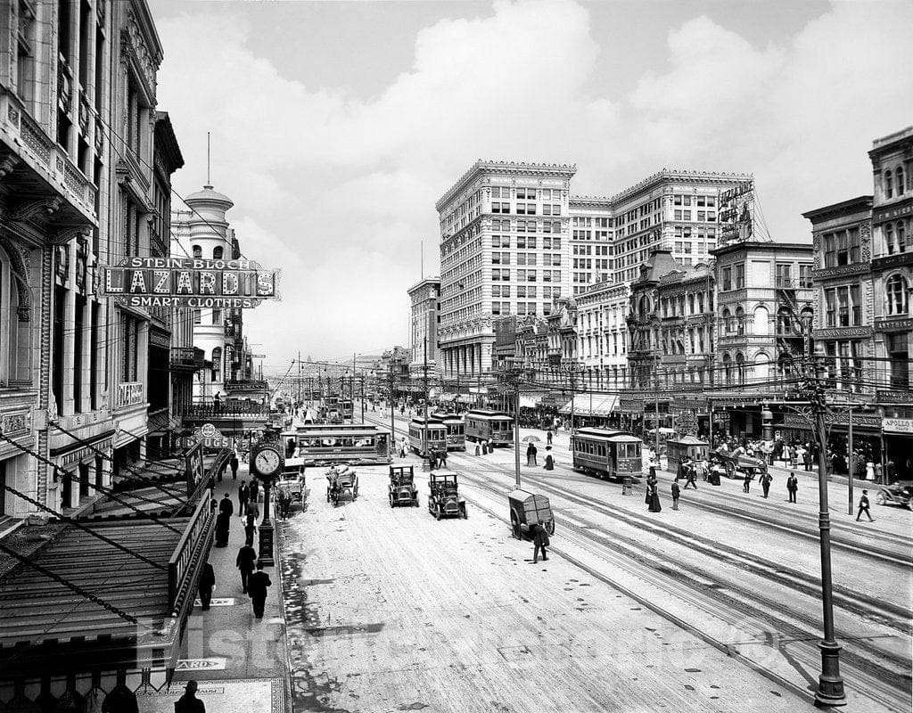 New Orleans Historic Black & White Photo, Traffic on Canal Street, c1910 -