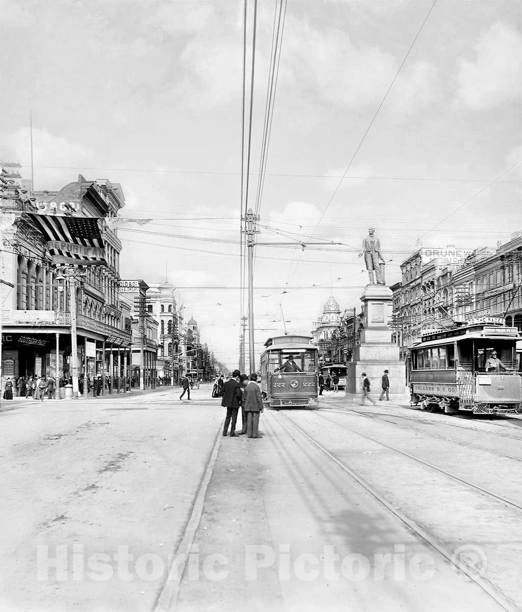 Historic Black & White Photo - New Orleans, Louisiana - Trolleys Down Canal Street, c1901 -